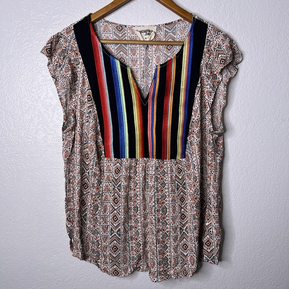 Savanna Jane Embroidered Panel Top 1X Geometric Aztec Boho Tribal Southwest - Picture 2 of 7